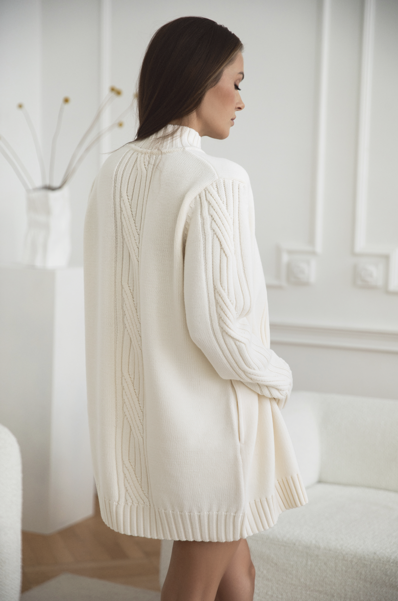 COAT Cardigan ecru z wełny merino detal warkoczowego splotu damski długi sweter płaszczowy