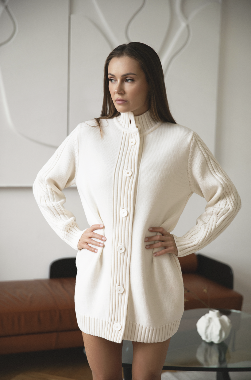 COAT Cardigan ecru z wełny merino rozpinany na guziki damski kardigan płaszczowy ANIKLOVA