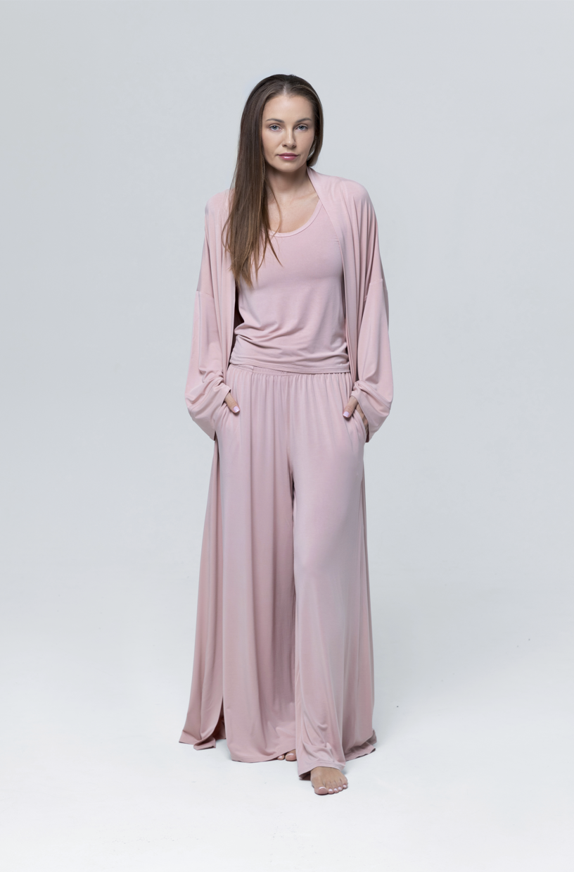 Kimono PURE BAMBOO pudrowy róż z bambusa w komplecie z topem i szerokimi spodniami damska odzież domowa premium