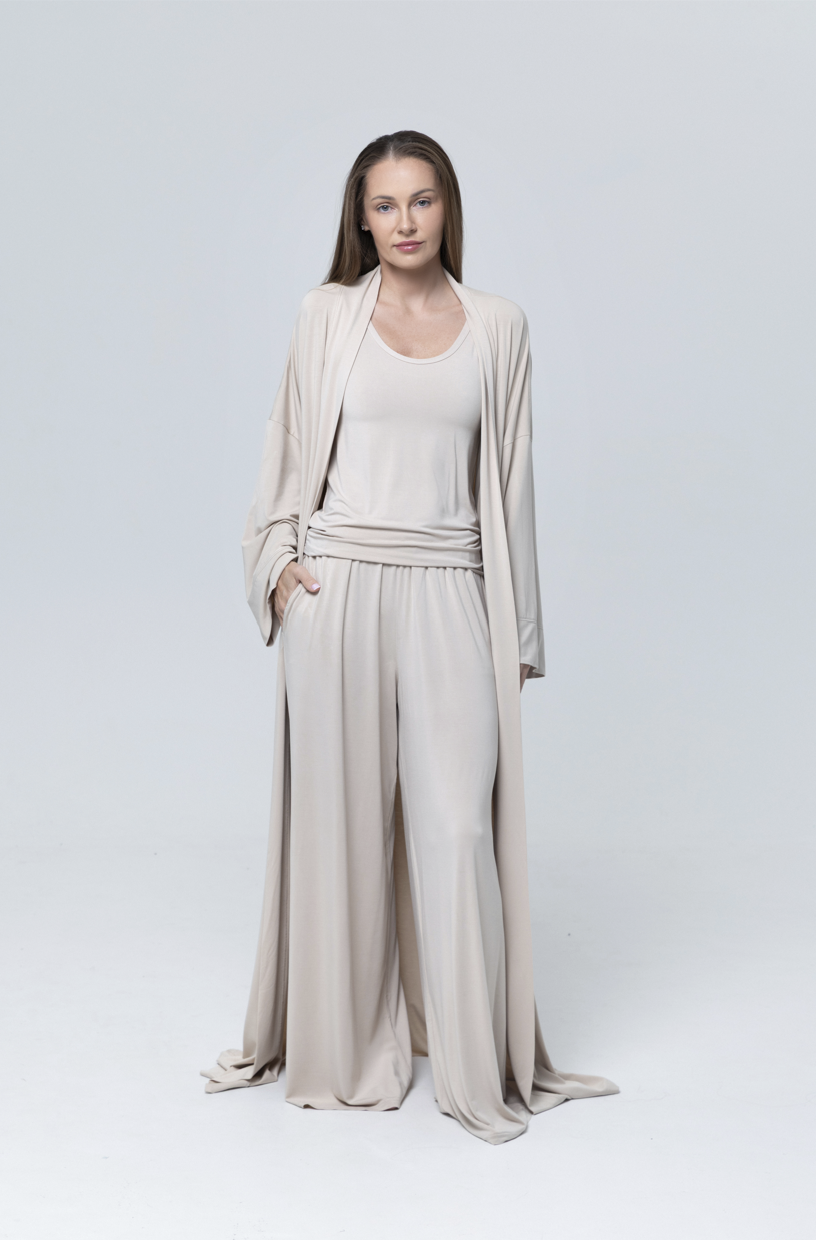 Kimono PURE BAMBOO stone z bambusa przód z topem i szerokimi spodniami damski komplet bambusowy loungewear ANIKLOVA
