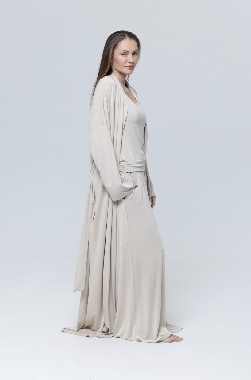 Kimono PURE BAMBOO stone z przędzy bambusowej długie damskie kimono narzutka homewear premium w komplecie ze spodniami