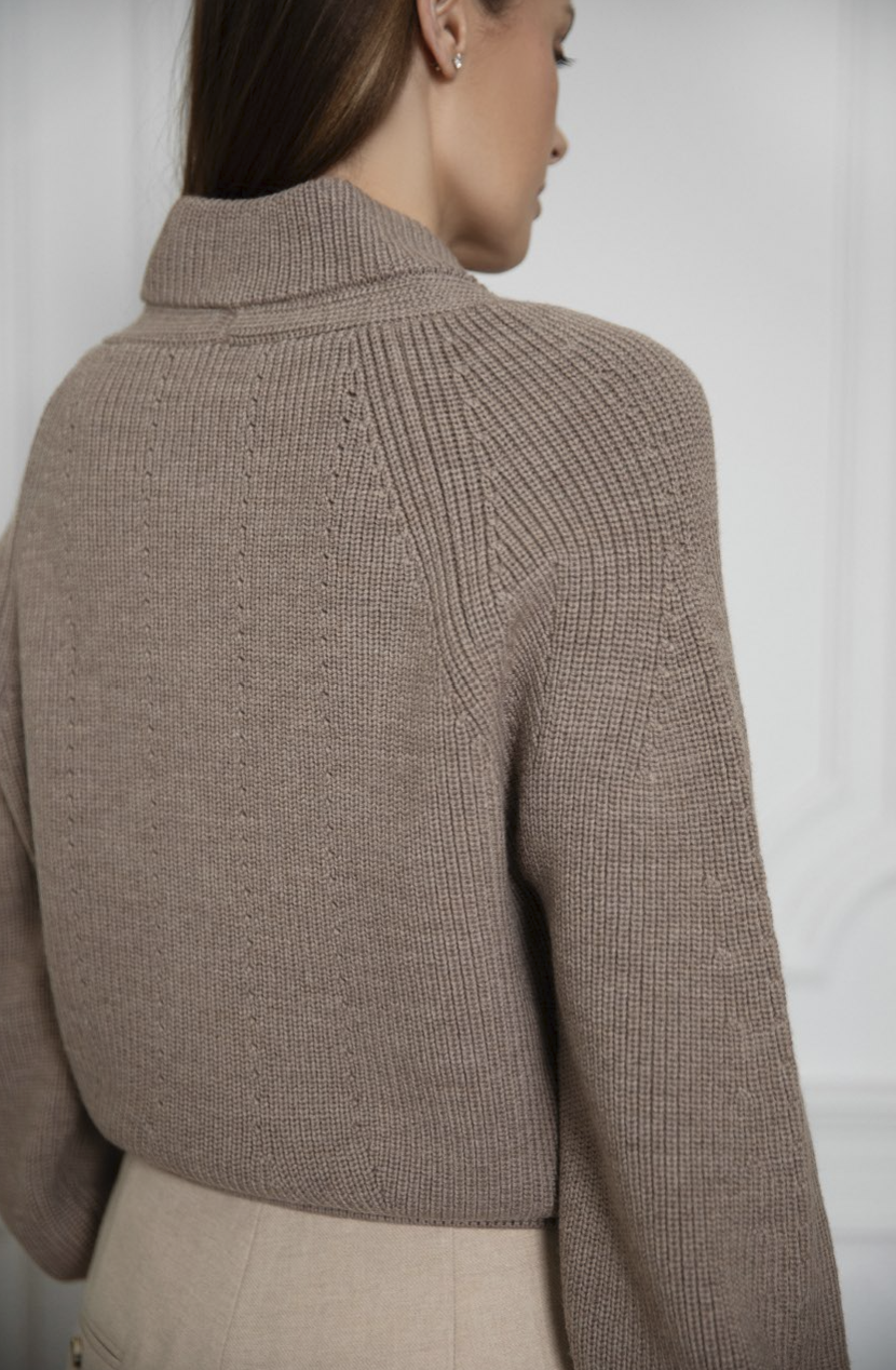 Sweter ZIP z wełny merino tył prążkowany splot i rękawy raglanowe damski sweter z wełny merino taupe