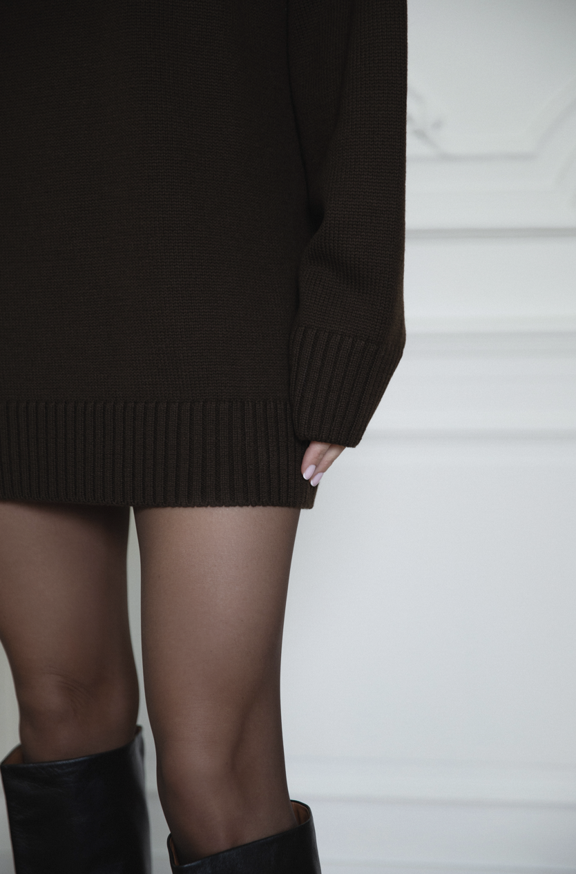 Tunika MERINO LONG czekoladowa z wełny merino w stylizacji z szalem damska tunika swetrowa na zimę